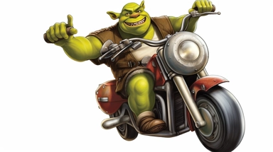a clipart of Shrek, the friendly green ogre from the animated film series, wearing his traditional brown tunic and pants, jovially riding a vibrant red Honda CRF1100 Africa Twin. Shrek's wide smile conveys enjoyment and thrill, his hands firmly grip the handlebars, and his legs are securely positioned on the foot pegs. The motorcycle's engine is vividly detailed, showing its power and readiness for an adventurous journey. The background is white and there is some space to the borders