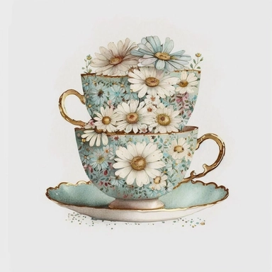 3 stacked vintage teacup, daisies inside, glitter around, white, gold, glitter, fantasy, realistic illustration, watercolor, by Dinara Mirtalipova, by Disney, by rifle paper co, bright and airy Colors, concept art, white background, clipart