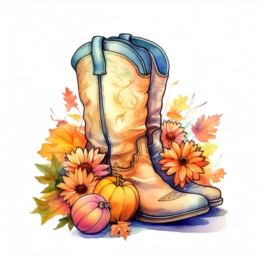 Cowboy Boots Hello Fall Pumpkin Fall Vibes , style by Lucy Fleming, watercolor, smooth gradients, black contour outline, ultra detailed, clipart elements, delicate pastel colors, solid white background, super clear, high quality