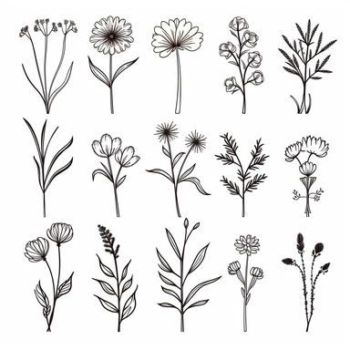 birth flowers clipart set, minimalistic thin line pencil drawing, svg, white background, floral line art