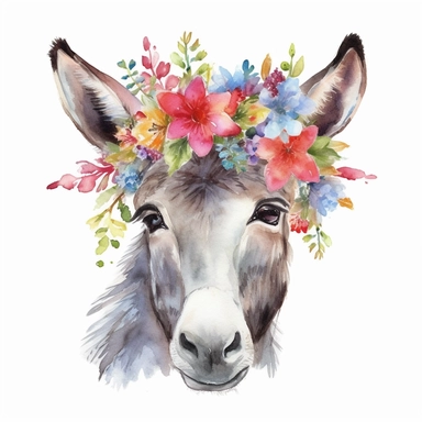 watercolor a funny donkey, wearing head-cover in flowering pattern, clipart, isolated on white background, no watermark, HD