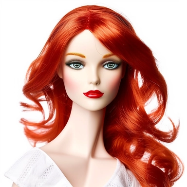 Beautiful pretty barbie doll style, red hair, paint art style, detail, clipart, white background, superrealistic, one of a kind
