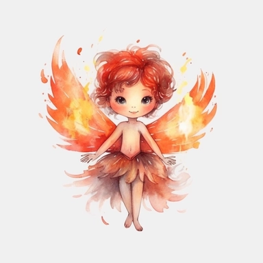 watercolor cute fire fairy, wings, flame around, detailed, hd, clipart
