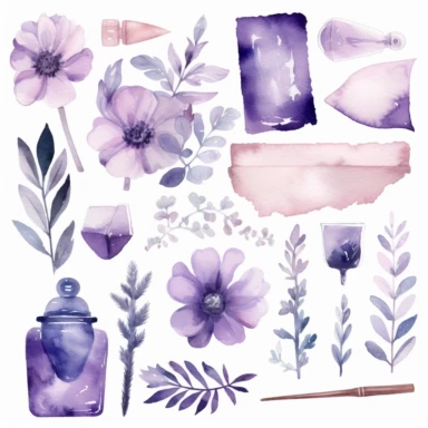 A collection of light purple watercolor cliparts, tag, label, letters, envelope, ticket, stamp, leaf, flower head, bottle, geometric shapes, white background with margins, watercolor, ultrarealistic