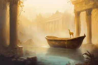 realistic clipart gold bathtub in foggy enchanted greek ruins, digital painting