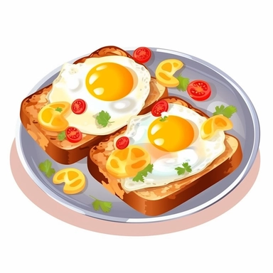 clip art of delicious sunny side eggs on top of tasted bread and cheese, served on a tray, make it look colorful and delicious. High quality