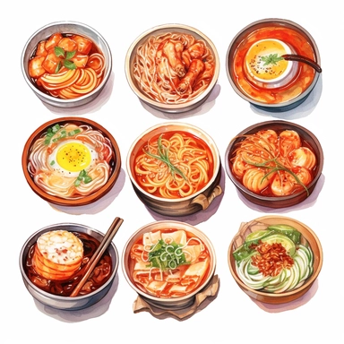 Kimchi, Korean fried chicken, Tokpokki, Ramyeon, Jajangmyeon, Kimbap, Bibimbab, Shabu Shabu, Sundubu jigae, Ginseng chicken soup, korean food, white background, clipart, Object, vector collection, 8k, watercolor