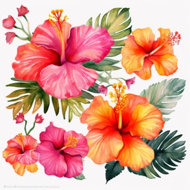 Watercolor Tropical Hibiscus Clipart by Thomas W. Schallerof: A vibrant and exotic design featuring tropical hibiscus flowers in shades of pink, orange, and red on a white background. The flowers are different-size and bold, while the leaves are thick and tropical, creating a lively and festive composition