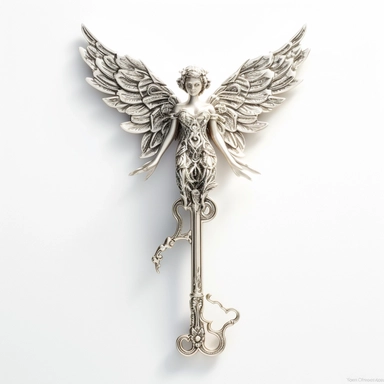 a mesmerizing legendary fairy tale tool as clipart with a pristine white background: a shimmering and ornate key of wondrous proportions. The key should possess intricate details, such as delicate engravings depicting mythical creatures or symbols of magic. Its handle should be crafted from a rare and iridescent material, radiating an ethereal glow. The teeth of the key should be intricate and unique, as if they hold the secrets to unlocking mystical realms. Place the key against a pristine whit