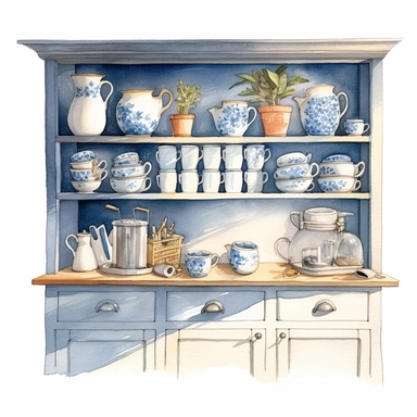 watercolor, hyper realistic, white background, white margins, 16k, ultra detailed clipart, cut out image, hand-drawn a kitchen cabinet with white cups and pots on it, in the style of charming illustrations, azure, pastoral nostalgia, raw materials, light yellow and dark blue, fujifilm natura 1600, windows vista