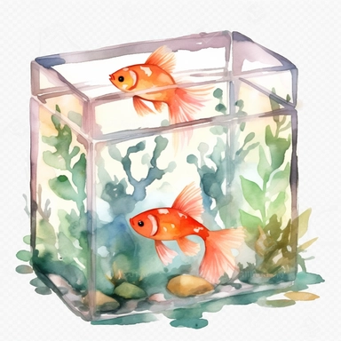 Watercolor fish tank clipart, white isolated background, space out, hd