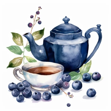 high quality blueberry clipart on insolated white background, watercolor classic style, detailed, flatlay, outlined, vintage mood, teacup with blueberry, teapot, pie with blueberry, blueberry brushes, blueberries, high resolution, cozy objects