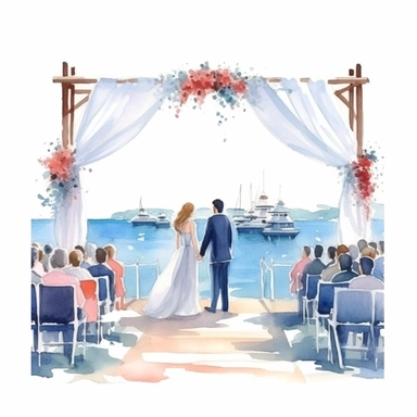 watercolour wedding ceremony on the water, clipart on white background, highly detailed, professional color gradation, clean sharpness