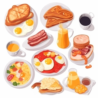 fastfood breakfast, clipart set, scrambled eggs, toast, orange juice, pancakes, sausage, bacon, isolated on white background