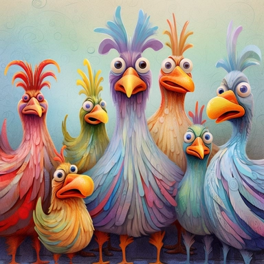 Whimsical magical wacky chickens, in a barnyard, muted colors, swirls, twists, twirls, metallic, glitter, stylized, funny, centered, airbrushed, digital oil, detailed illustration, clip art, cartoon, 8k,-- ar 9:8