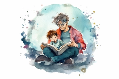 A colorful watercolour cuteA dad reading a bedtime story to his child top view, ink, Ghibli style, 8k, Leyka 35mm very detail clipart on white background space out 8k