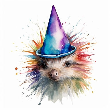 please create watercolor clipart of a porcupine smiling, wearing party HAT AND GLASSES, colorful, WHITE BACKGROUND