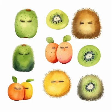 Draw a set of playful and colorful, watercolor style illustrations of kiwis, evenly space elements for clipart, white background
