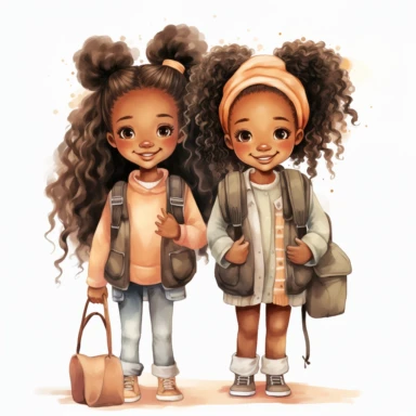 watercolor hand drawn ,Cute little African American girlschool , best friends ,with backpack and book, full body, Cartoon, Sublimation Clipart,illustration style, high solution, png transparent background, white background for removing background - - no text shadow font watermark