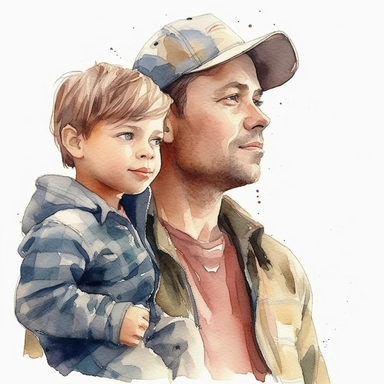 DESIGN A MAGNIFICENT AND EXQUISITE BREATHTAKING ONE-OF-A-KIND HIGH QUALITY HIGHLY DETAILED MASTERPIECE WATERCOLOR CLIPART ILLUSTRATION OF A small boy and a FATHER, in the style of realistic watercolors, free-associative, airbrush art, scoutcore, animated gifs, marine painter, realist-portraits, ULTRA REALISTIC, PHOTO REALISM, WHITE BACKGROUND, NO FONT, NO TEXT, NO WORDS, NO WATERMARK