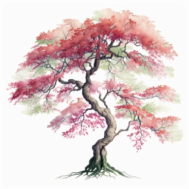 Watercolor, Japanese Maple Tree, old, long branches, Clipart, springtime japanese tree, grass, white background