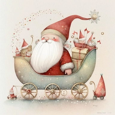 A watercolor painting cute Santa Claus , Father Christmas , sitting in his sleigh with presents in the back of his sleigh, cute detailed digital art, inspired by nicoletta ceccoli, by Kubisi art, whimsical and cute, by nicoletta ceccoli, cute detailed artwork, glimmering, adorable and whimsical, whimsical art, Clipart style, png style, svg style, blank white background, a solid white background