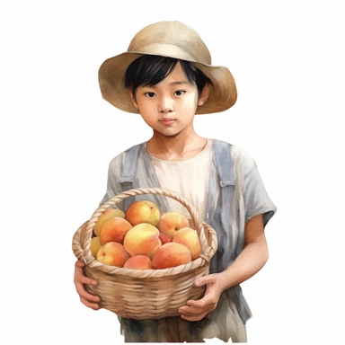 hyperrealism clipart , little Asian boy holding a basket of peaches , white background, watercolor style, farmhouse chic, tempera clipart