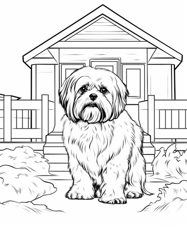 expert coloring page style of realistic Shih Tzu Dog breed Clipart, simple house background, simple line art, line is crisp and clean, easy to color