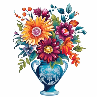 A charming clipart of a vase filled with an assortment of vibrant flowers, each adorned with different captivating colors. The vase is elegantly shaped, showcasing a classic and timeless design. The flowers are meticulously illustrated, displaying a variety of petals, shapes, and sizes. Each flower is bursting with vivid colors, ranging from vibrant reds and oranges to soothing blues and purples, creating a delightful visual contrast. The clipart is meticulously crafted, ensuring crisp details a