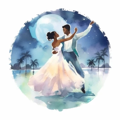 Slim Afro-Caribbean bride and athletic Chinese groom, dancing under the moonlight, elegant and enchanting, watercolor, Pixar style, Clipart on a white background.