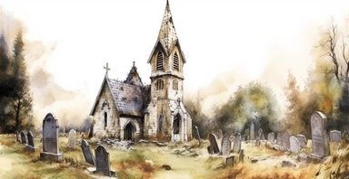 Abandoned rustic church and graveyard, ornamental watercolour clipart, I can't believe how beautiful this is