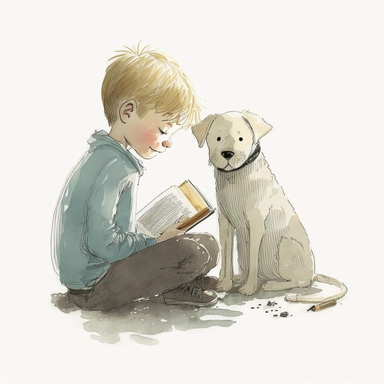 a dog sitting next to a young blonde boy reading a book, watercolor and ink drawing, clipart, happy, gentle smile, beautiful watercolor ink wash coloring, thick pencil lines, Jon klassen, Adrian tomine, popular on etsy, watercolor illustrations clipart, watercolor illlustrations for kids and children, book illustrations, plain white background