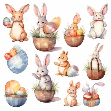 Watercolor easter eggs, illustrations clipart set, simple, soft colors, cartoon elements, different variants, easter elements, jumping bunnies, sitting bunnies ,rabbits, cute little girl, easter eggs in basket, separate elements with a margin