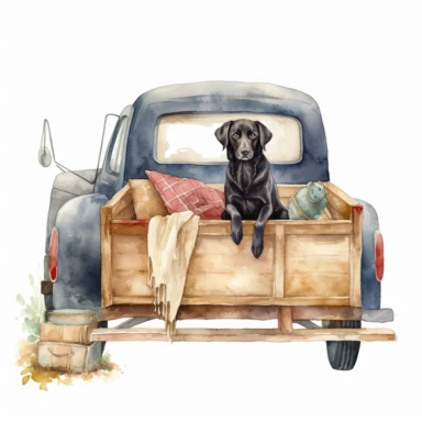 watercolor old farm truck with happy dog in bed, clipart, white background