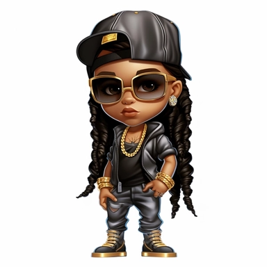 A black chibi girl is staying 3d PNG, Black hip hop girl png, Afro fashion gold chains hat fullcap gangsta girl white clothes black clipart, double Dreadlock black girl png, magic black girl