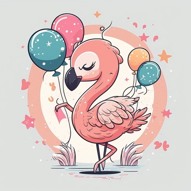 Flamingo kawaii birthday, cartoon, vector, sharp focus, super detailed, illustration, 16:9, v4, q2, 16k, High quality, clipart