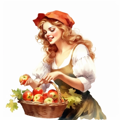 hyperrealistic high detailed happy woman picking apples watercolor clipart, white background