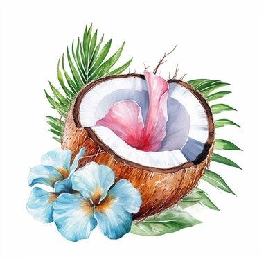 Pastel Cute Beautiful Hawaii Coconut tropical flower Watercolor Sublimation Clipart,Cartoon, hyper realistic, intricate detail, illustration style,high solution,on the white background