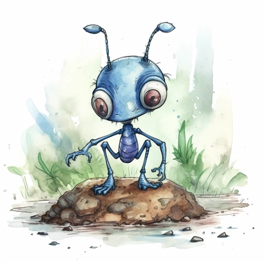 a humanoid looking Ant in water colour in the style of clip art, with big blue eyes working hard, with humanoid features in the forest near his ant hill, ants in the background