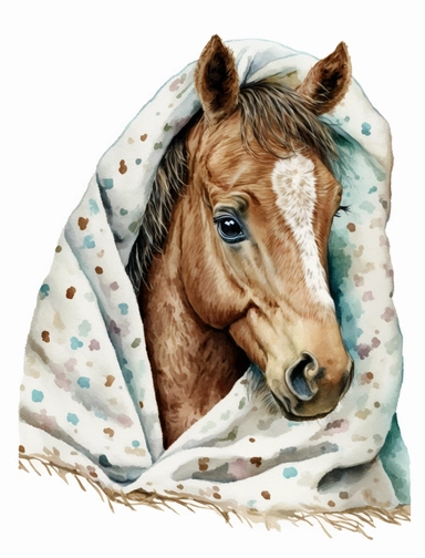 baby horse in a blanket, watercolor clipart, transparent background,