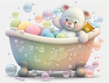 clipart image of white claw foot tub, cartoon little bear, with pastel rainbow bubbles, transparent background, logo, png, high quality, 4k,