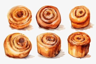 6 watercolor Cinnamon roll clipart, hd, white background, spaced out
