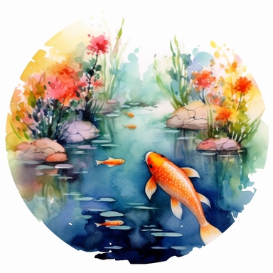 clipart, isolated on white background, Watercolor Spring pond with swimming colorful fish underwater, flowers, ornated, vivid and vibrant and saturated colors