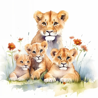 Clipart of family of Lion, a lion cubs playing near mother lion in a field, watercolor painting, white background, featured on pixiv, computer art, madhey of flowers, watercolor, digital illustration, detailed painting, realistic