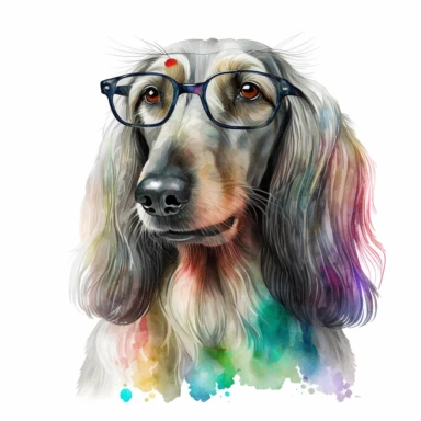 a watercolor painting of a Afghandog Hound COOL with glasses, clipart, white background