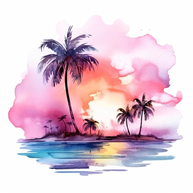 watercolor clip art on white background of a tropical palm tree beach sunset in cotton candy colors