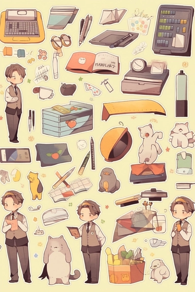 Stickers, Clipart, Knolling layout of cute Teacher themed, accessories neatly placed in equal proportion, Super Giant Pitch, larger spacing, pocket sticker, stationery set, vector stickers, high detail, charater sheet, Planner Stickers, Bright Colors, Hand Drawn Artwork, anime style, single design, 8k, white background, appropriate blank