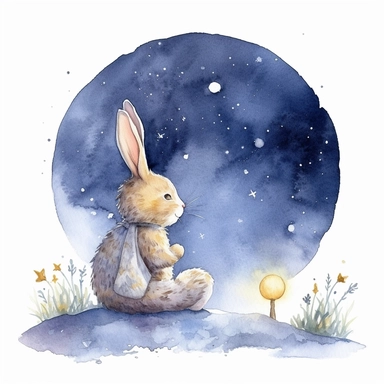 watercolor, hyper realistic, white background, white margins, 16k, ultra detailed clipart, cut out image, hand-drawn bunny rabbit sitting on the moon with a fish on his tail, in the style of dreamy watercolor scenes, the stars art group (xing xing), magali villeneuve, dark blue and yellow, childhood arcadias, moosa al halyan