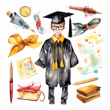 watercolor graduation related scenes, illustrations clipart set, simple, , cartoon elements ,different variants , school and classroom elements, graduate, graduation gown and capdiploma, separate elements with a margin, ,4k, high resolution