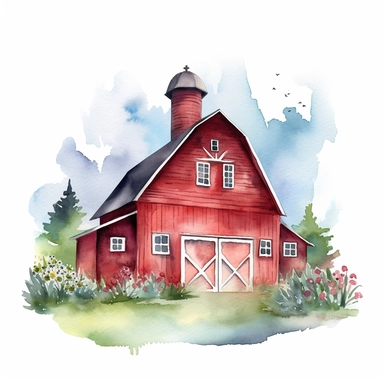 A watercolor red barn clip art in the style of a children's book. The barn should be simple and cartoony, with a bright red roof and white walls. There should be a few windows and a door, and the barn should be surrounded by a field of flowers. The overall mood of the clip art should be cheerful and whimsical.